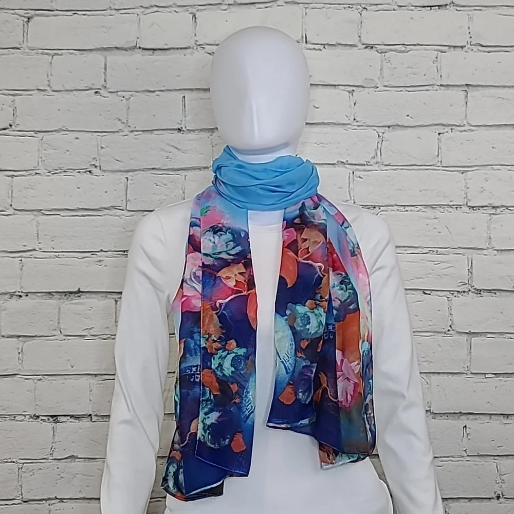 Unbranded Flowy Vibrant Floral Sheer Chiffon Classic Oblong Scarf Bl/Pnk Multi